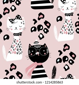 Creative kids seamless pattern with cute kitten. Vector baby design for fashion apparels, fabric, textile; wrapping and wallpaper.