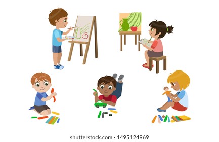 Creative Kids Set, Cute Boys and Girls Painting, Modelling from Plasticine, Childrens Education, Development Vector Illustration