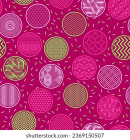 Creative kimono print geometric seamless pattern. Circular shapes with oriental abstractions inside. Asian motives in circles. Mottled texture background. Candy wrapper design.