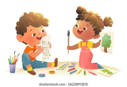 Creative Kindergarten Kids Boy and Girl Drawing Pictures and Painting Activity. Fun and creative drawing activity for children with art, craft and painting projects. Vector clip art preschool cartoon