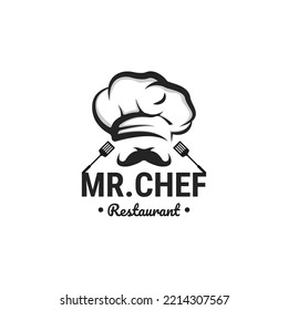 Creative Kitchen Design Chef mustache hat Logo with chef tools vector illustration