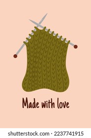 Creative knitted card with inspirational phrase. Poster design. Knitting hobby