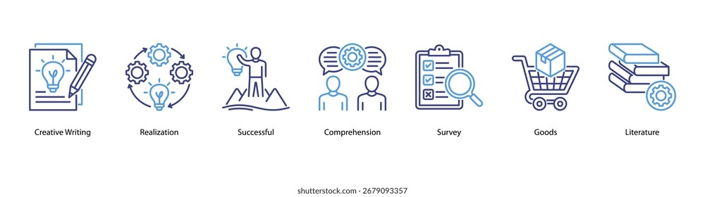 Creative Knowledge web banner vector illustration featuring Creative Writing, Realization, Successful, Comprehension, Survey, Goods, and Literature.