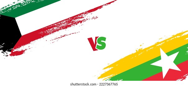 Creative Kuwait vs Myanmar brush flag illustration. Artistic brush style two country flags relationship background