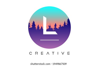 Creative L Letter Logo Design with Pine Forest Vector Shapes and Pastel Circular shape Color Illustration