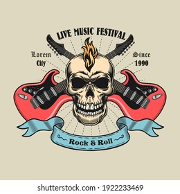 Creative label with crossed guitars and skull. Colorful elements for web design with electric guitars and text. Rock music festival and entertainment concept for band stamp, label, sign template