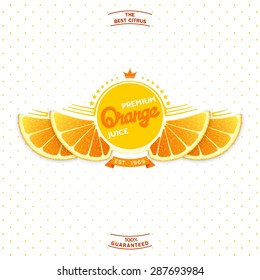 Creative label and emblem for products with stylized orange slice shaped like a wings. Premium quality citrus juice