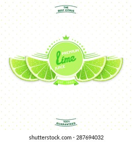 Creative label and emblem for products with stylized lime slice shaped like a wings. Premium quality citrus juice