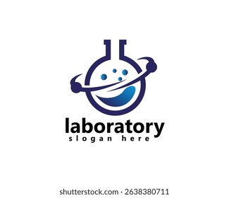 creative laboratory logo, lab flask with atoms around, logo design template