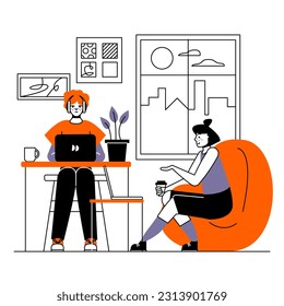 Creative lady in headphones working on laptop, young woman sitting near, holding cup of drink and talking. Work in coworking space. Cartoon vector flat illustration in purple and orange color