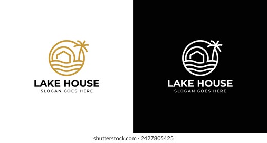 Logo de Creative Lake House. Casa del río con plantilla de diseño de vector de símbolo de estilo de contorno lineal.