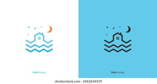 Logotipo creativo de Lake House o River House con estilo lineal. Naturaleza Inicio Logo, Icono, Símbolo, Vector, Plantilla de diseño.