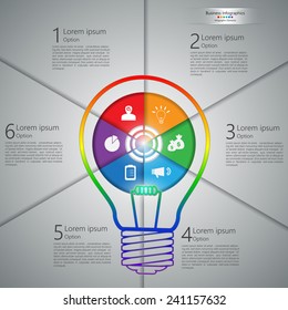 Creative Lamp Ideas with Colorful Circle, Business Icon, Number and Text Information Design. Financial/Business Infographic, Vector Illustration