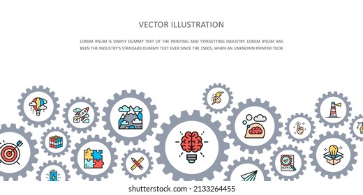 Creative landing page with colored icons. Innovation, startup, artwork, project, idea business icon banner.
