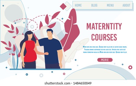 Creative Landing Page for Maternity School Courses. Theoretical and Practical Lessons for Future Mothers. Studying and Training. Cartoon Pregnant Woman and Man. Vector Flat Illustration