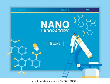 Creative Landing Page for New Medicines Production Scientific Lab Online. Vector Male Scientists Standing on Ladder near Big Microscope. Nanotechnology and Nanomedicine Illustration in Blue