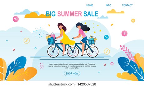 Creative Landing Page Offering Big Summer Sales. Cartoon Happy Women Riding Bikes Carrying Baskets with Purchases. Vector Flat Illustration. Advertising Template Banner with Foliage Design