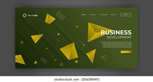 Creative landing page website web design business project development. 3D colorful abstract geometric banner layout mock up. Corporate landing page block vector illustration template.