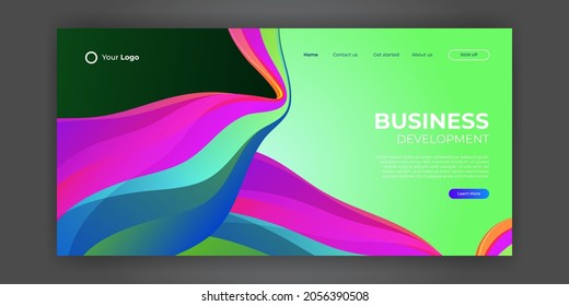 Creative landing page website web design business project development. 3D colorful abstract geometric banner layout mock up. Corporate landing page block vector illustration template.