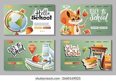 Plantillas de aterrizaje creativas con ilustraciones de estilo de pegatina de ardilla, microscopio, escritorio, globo y libros. Ideal para la educación de los niños y el diseño divertido.
