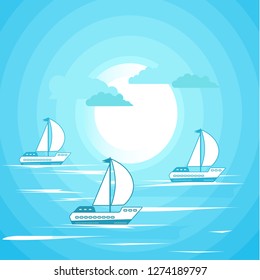 Creative landscape background of the sea or ocean, white boats (ships), waves, clouds. Minimalistic seascape. Vector illustration for your design.