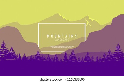 Creative Landscape Illustration with a depth of field perspective view of mountains and forest in the evening. Frame and place for text. 