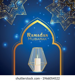 Creative lantern of Ramadan kareem on blue pattern background