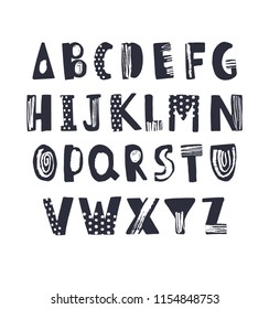 Creative latin font or childish english alphabet hand drawn on white background. Monochrome letters decorated with dots and brush strokes and arranged in alphabetical order. Vector illustration