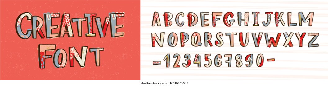 Creative latin font or decorative english alphabet hand drawn on light background. Collection of bright colored stylized letters arranged in alphabetical order and figures. Modern vector illustration.