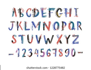 Creative latin font or english alphabet hand drawn on white background. Colorful textured letters arranged in alphabetical order and figures decorated with dots and stains. Vector illustration.