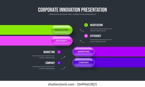 Creative Launch Four Element Infographic Presentation Layout. Business Strategy Slide Template Vector Illustration. Digital Review 4 Step Diagram Frame Design.