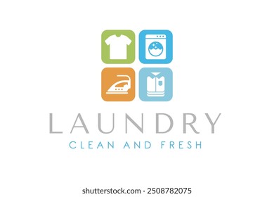 Creative laundry logo design template. Washing machine, clothes, iron, and folded clothes icon