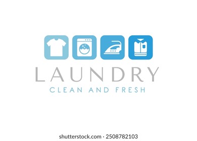 Creative laundry logo design template. Washing machine, clothes, iron, and folded clothes icon