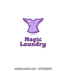 Creative laundry logo. Flying t-shirt with wings dry cleaning symbol