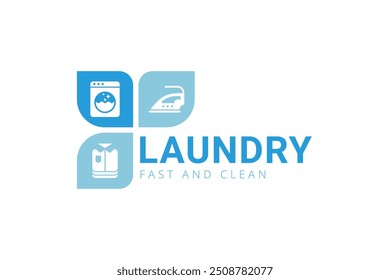 Creative laundry service logo template. Washing machine, iron, and folded clothes icon