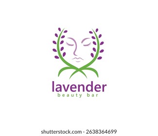 creative lavender beauty bar logo, two lavender flowers crossed with a face in the middle, logo design inspiration