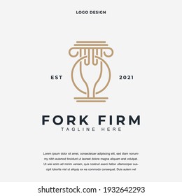 Creative Law office with fork and pillar icon logo design vector illustration. Justice law firm with fork and pillar logo design color editable