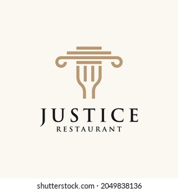 Creative Law office with fork and pillar icon logo design vector illustration. Justice law firm with fork and pillar logo design