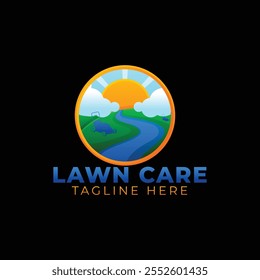 Creative Lawn Care Logo with Green Grass, Leaf Elements, and Gardening Tools for Landscaping Services