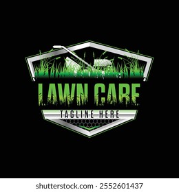 Creative Lawn Care Logo with Green Grass, Leaf Elements, and Gardening Tools for Landscaping Services