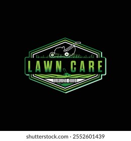 Creative Lawn Care Logo with Green Grass, Leaf Elements, and Gardening Tools for Landscaping Services