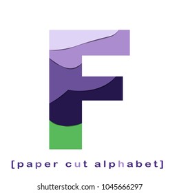 Creative layered paper cut out letter. Paper cut  layered alphabet in green and violet colors. Isolated on wight backgroun. Without clipping mask. 