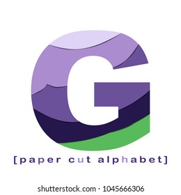 Creative layered paper cut out letter. Paper cut  layered alphabet in green and violet colors. Isolated on wight backgroun. Without clipping mask. 