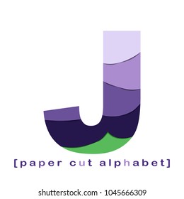 Creative layered paper cut out letter. Paper cut  layered alphabet in green and violet colors. Isolated on wight backgroun. Without clipping mask. 
