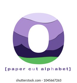 Creative layered paper cut out letter. Paper cut  layered alphabet in green and violet colors. Isolated on wight backgroun. Without clipping mask. 