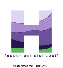 Creative layered paper cut out letter. Paper cut  layered alphabet in green and violet colors. Isolated on wight backgroun. Without clipping mask. 