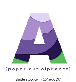 Creative layered paper cut out letter. Paper cut  layered alphabet in green and violet colors. Isolated on wight backgroun. Without clipping mask. 