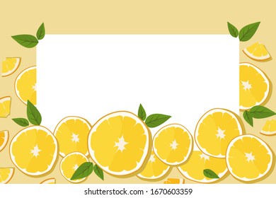 Creative layout Card made of Orange slices and green leaves with wite space center for card or advertisemen.  Oranges seamless pattern.