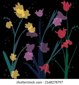 Creative layout made of flowers and leaves. Flat vector. Floral greeting card. Colorful spring floral background, space for text.