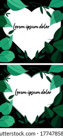 Creative layout made green leaves with heart shape white paper card note.